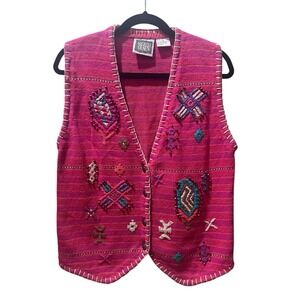 Vintage Sigrid Olsen Pink Embroidered Southwestern Beaded Pattern‎ Vest Size M